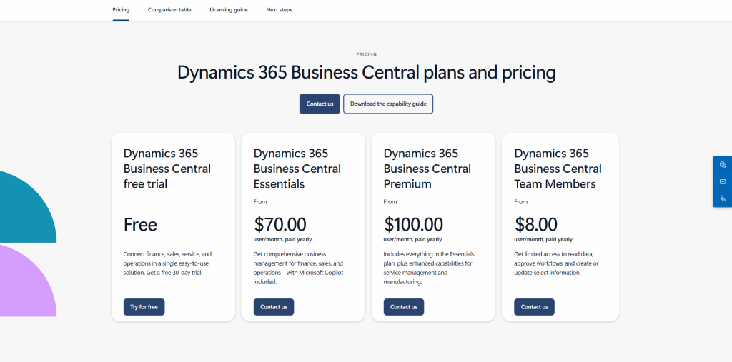 Microsoft Dynamics 365 Business Central plans and pricing